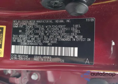 2010 Toyota Highlander Base V6 из США, поврежденный, VIN 5TDBK3EH8AS007165